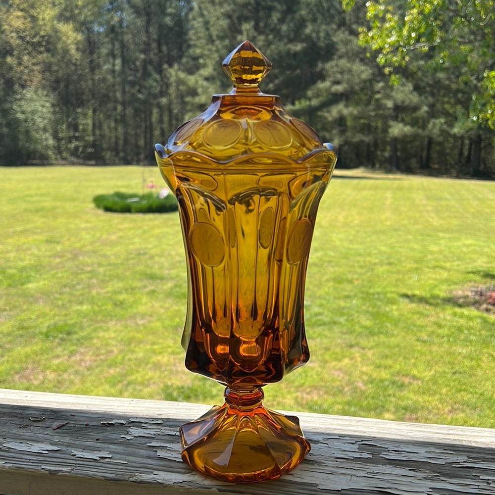 Vintage Fostoria Coin Glass Amber Footed Urn with Lid 13"
